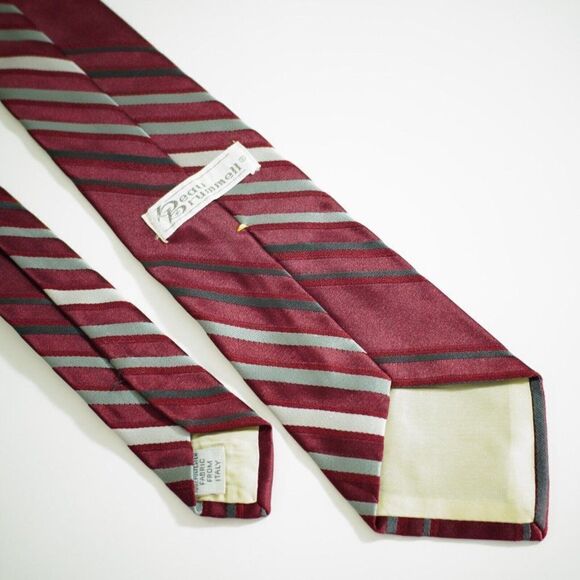 Beau Brummell Red Silver Striped Polyester Woven Short Tie Italy - Picture 5 of 6